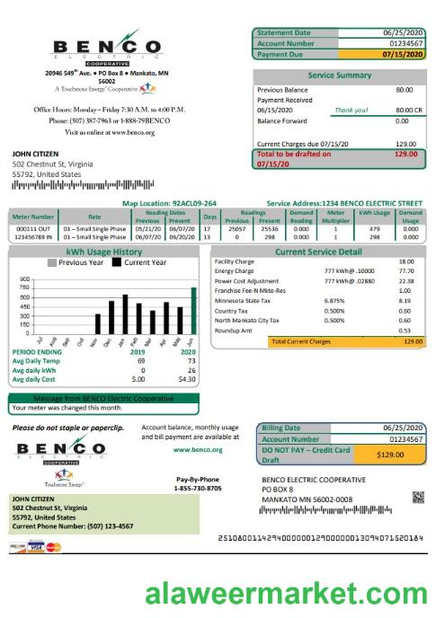 USA Minnesota Benco Elecric electricity easy fillable utility bill template in Word and PDF format (.doc and .pdf)